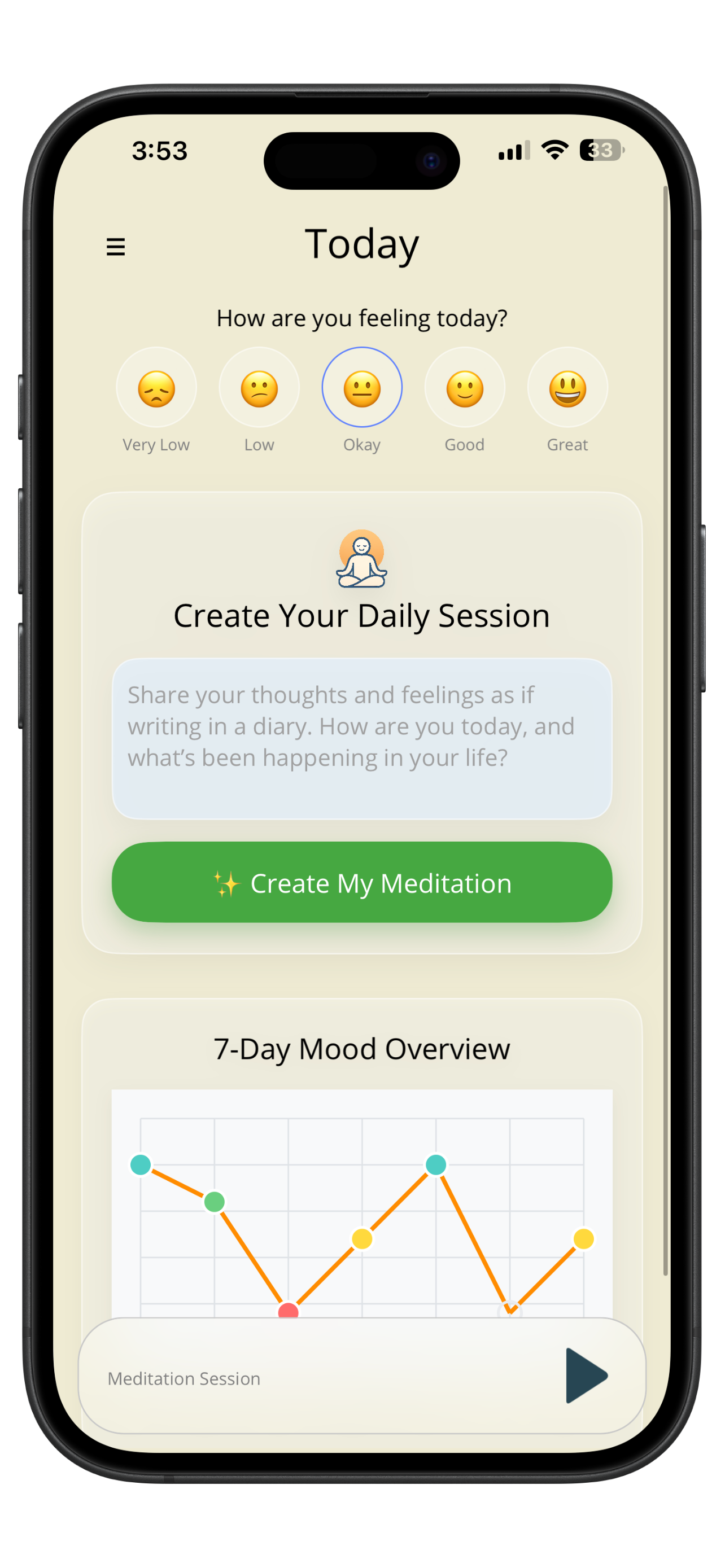 Lucen app interface showing mood tracking and meditation features