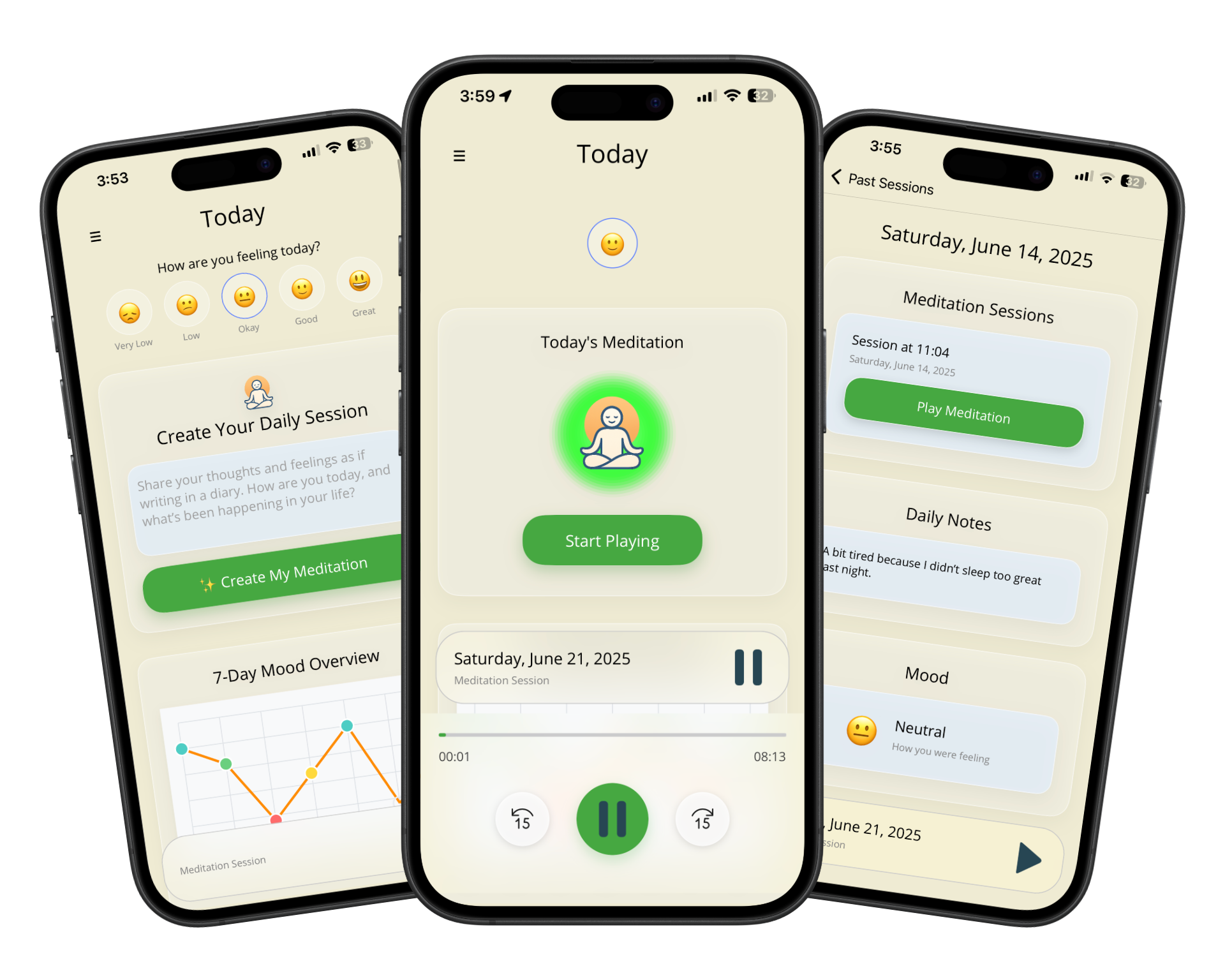 Lucen app comprehensive view showing mood tracking, meditation, and progress